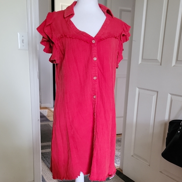 Umgee Ruffled Button-Up Red Dress - Picture 1 of 8
